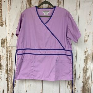 Natural Uniforms, Natural Comfort, Purple Scrub Top, Size Large Faux Wrap
